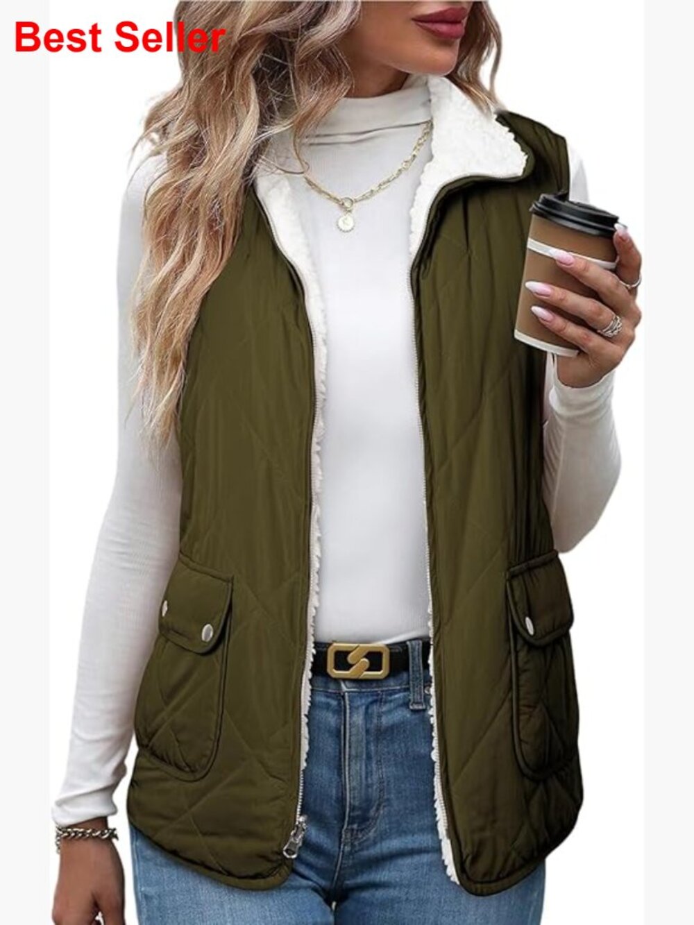 Reversible Puffer Vest With Sherpa Fleece Lining, Zip Up Sleeveless